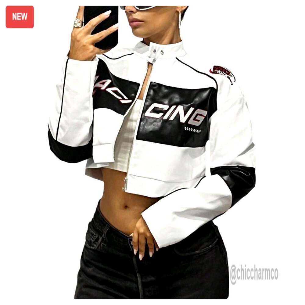 Faux Leather Crop Jacket Graphic Long Sleeve Motorcycle Style Outerwear